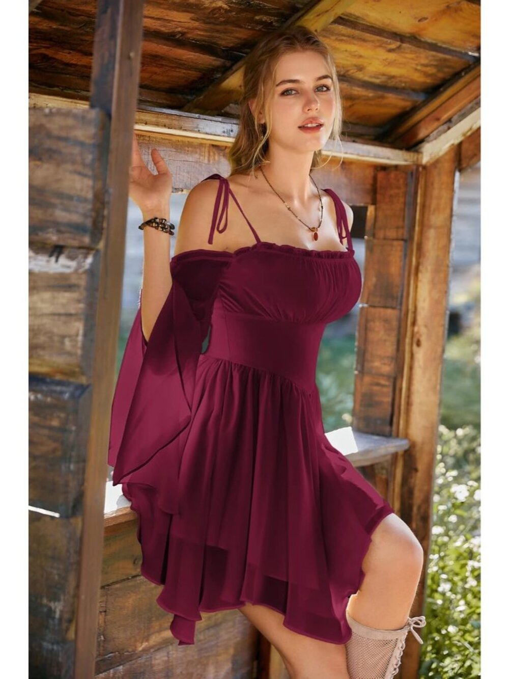 Women's Wine Off Shoulder Fairy A LINE Boho Corset With Pockets Dress - Picture 3 of 6